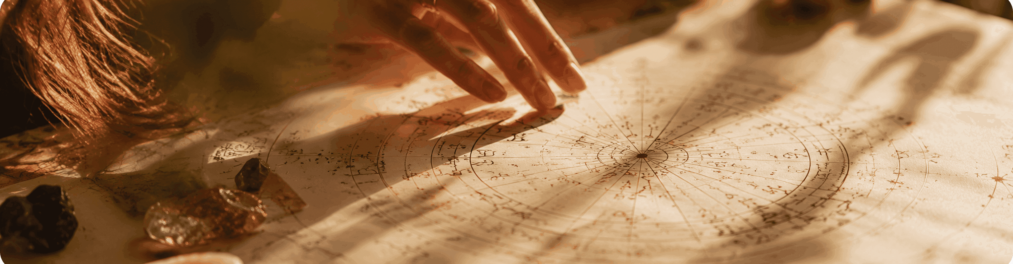 Photo - Warme astrologische achtergrond met handen, kristallen en een kaart.