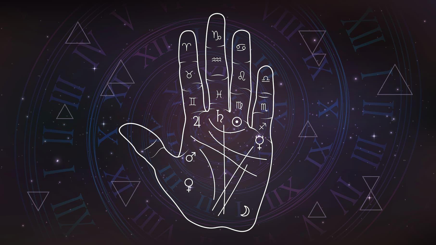 Illustratie van een handpalm met handlijnen binnen een dierenkringwiel, in de interface van de site Photo - Illustratie van een handpalm met handlijnen binnen een dierenkringwiel, in de interface van de site