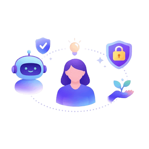 Illustratie van een robot en een vrouw met symbolen voor veiligheid, ideeën en groei Photo - Illustratie van een robot en een vrouw met symbolen voor veiligheid, ideeën en groei
