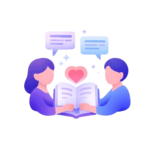 Illustratie van twee personen die samen een boek lezen met tekstballonnen en een hart Photo - Illustratie van twee personen die samen een boek lezen met tekstballonnen en een hart